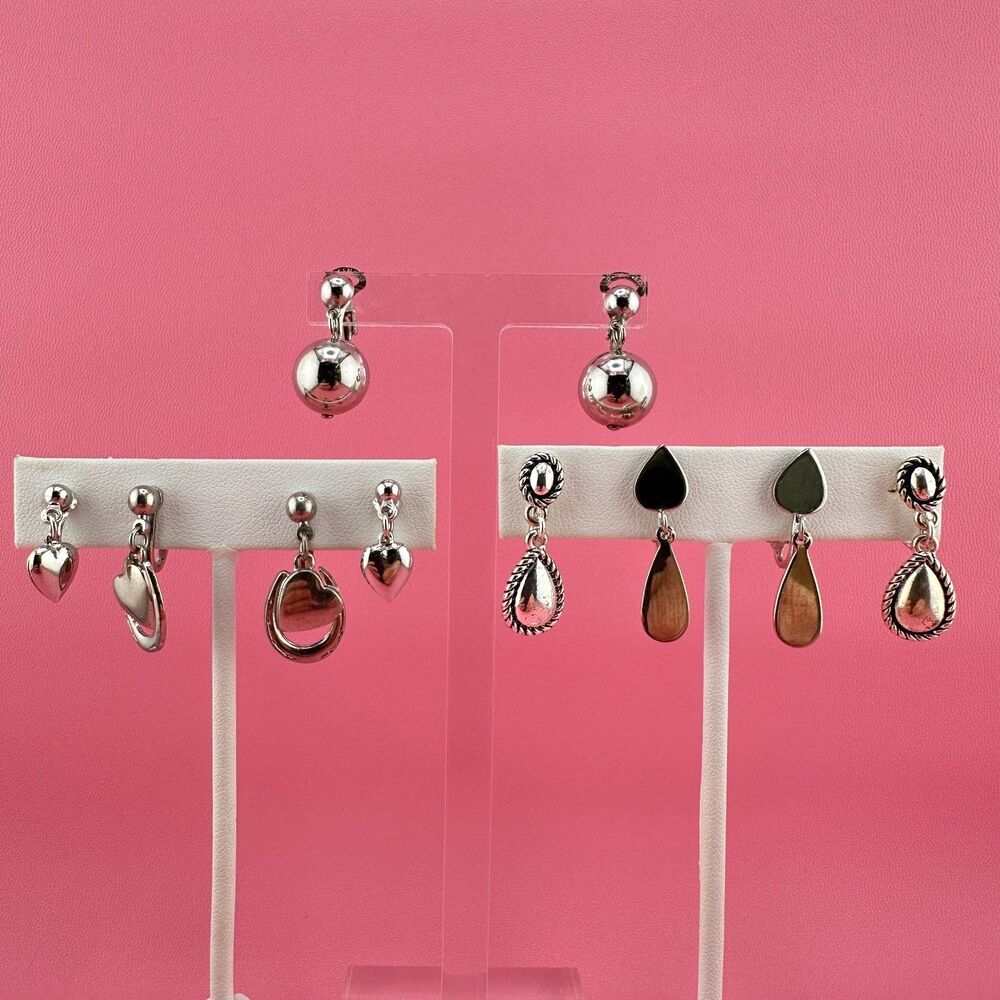 Vintage Clip On Earrings Lot Silver Tone Dangle Heart Horseshoe Some Signed